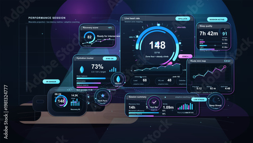 Futuristic wearable fitness dashboard with live heart rate, sleep quality, hydration tracker, route map, recovery score, and session summary across smartwatch and digital screens