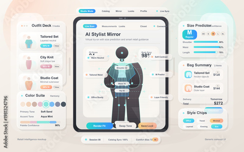 AI stylist mirror tablet interface for virtual try-on with size prediction, outfit recommendations, bag summary, color palette tools, and fashion retail dashboard