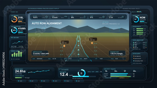 Futuristic autonomous farming tractor cockpit display showing auto row alignment, field route guidance, obstacle alerts, sensor health, and precision agriculture metrics