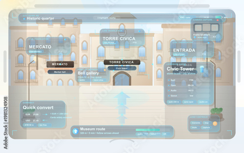 Augmented reality city guide interface over a historic square with live translation, landmark details, museum route arrows, currency converter, and travel assistant panels