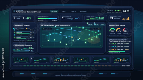 Futuristic sports performance command center dashboard with live tactical field map, player speed rankings, possession analytics, injury risk meters, substitution suggestions, and broadcast monitoring