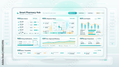 Smart pharmacy operations dashboard with robotic dispenser, prescription queue, stock levels, and cold storage