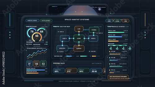Futuristic space habitat control dashboard interface