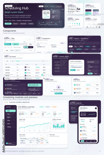 Scheduling hub design system board for telehealth dashboards with UI components, analytics cards, and mobile app screens