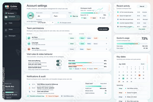 Account settings dashboard interface for healthcare workspace management with team permissions, activity feed and calendar