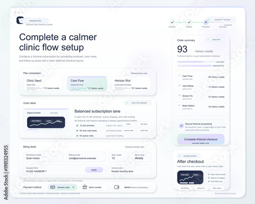Healthcare checkout dashboard interface template with clinic subscription setup, pricing cards and order summary