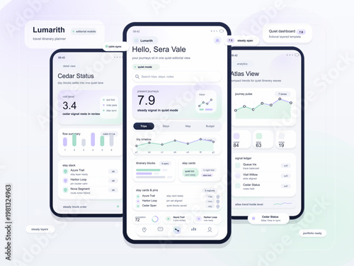 Travel itinerary planner mobile app interface set with dashboard, status cards and analytics screens