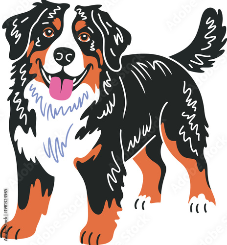 Bernese mountain dog illustration, cute dog portrait with happy expression, colorful vector art of a tricolor dog breed