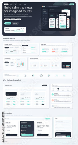 Trip planning design system board with itinerary cards, stay summaries, budget modules, and mobile app screens