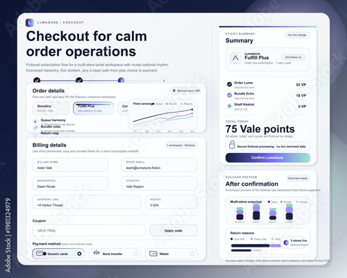 Checkout dashboard interface for subscription order operations with billing form, summary panel and confirmation preview