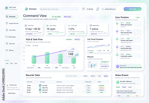 Healthcare dashboard interface with care timeline, records table, task flow analytics and private patient notes panel