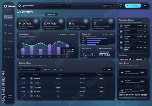 Financial dashboard overview interface with cash flow analytics, transaction feed, budget tracking, and statement table