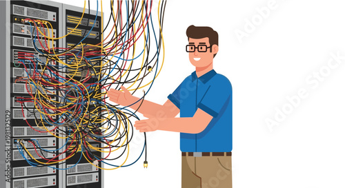 A smiling IT technician wearing glasses stands next to a large server rack overflowing with a chaotic tangle of colorful networking cables and wires.