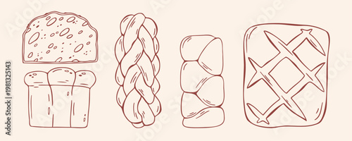 Artisan bread set with braided loaf, challah, loaf slice and brioche, brown outline doodle flat retro style. Minimalist hand drawn vector for bakery menu or food branding, isolated on beige background
