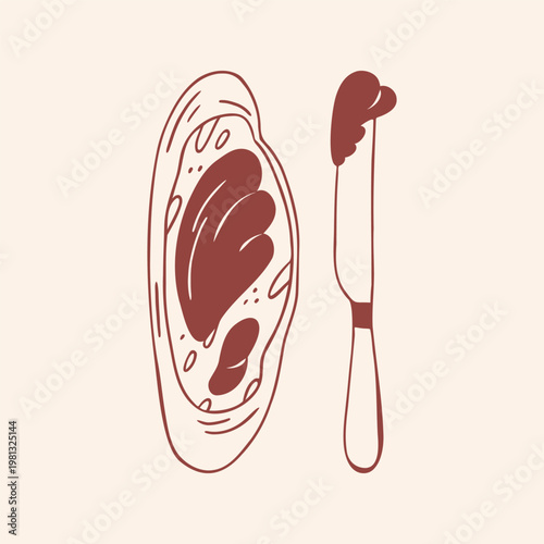 Slice of fresh bread spread with chocolate or jam and kitchen knife, brown outline doodle flat retro style. Minimalist hand drawn vector illustration for breakfast menu, food design on beige