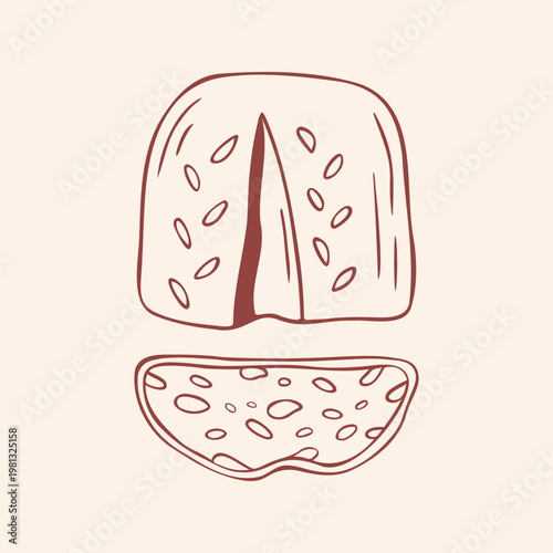 Artisan half a loaf of bread with seeds and slice, brown outline doodle flat retro style. Minimalist hand drawn vector for bakery menu or healthy food branding, isolated on beige background