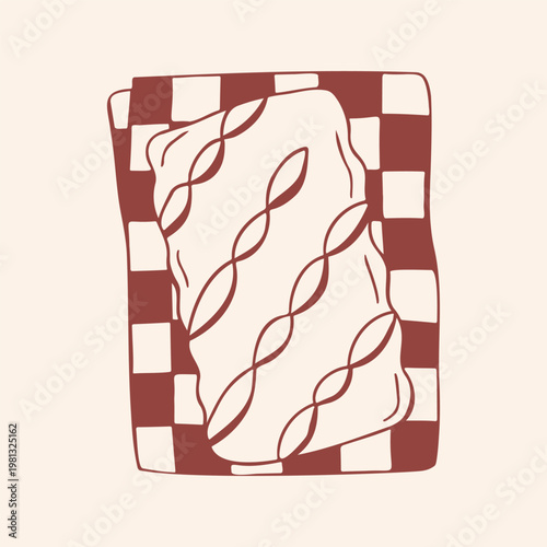 Artisan braided bread loaf on checkered napkin, brown outline doodle flat retro style. Minimalist hand drawn vector illustration for bakery menu or cafe design, isolated on beige background.