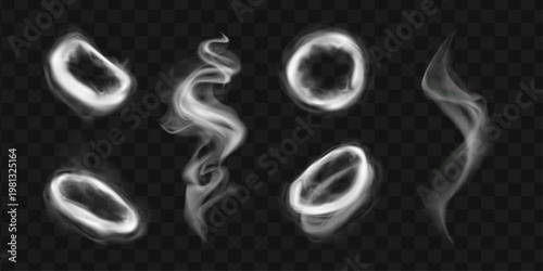 Realistic smoke rings and swirling vapor, transparent white mist, ethereal fog elements, vector set