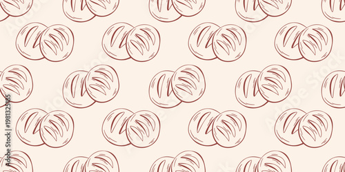 Round artisan bread loaves seamless pattern, brown outline doodle flat retro style. Minimalist hand drawn vector illustration for bakery branding, kitchen decor, isolated on beige background