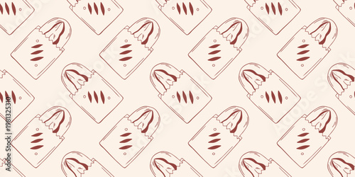 Bread in craft paper bag seamless pattern, brown outline doodle flat retro style. Minimalist hand drawn vector illustration for bakery takeaway packaging, cafe branding, isolated on beige background