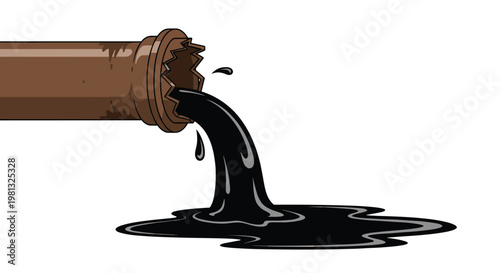 A broken brown industrial pipe spills a thick stream of viscous black oil onto the ground creating a hazardous environmental pollution puddle on white.