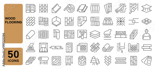 Set of 50 line icons related to wood flooring, parquet, wooden tiles, floor installation, plank, hardwood, wood floor, Editable stroke. Vector illustration