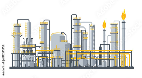 A massive industrial oil refinery complex displays intricate grey distillation towers and bright yellow pipelines with orange flames burning from stacks.