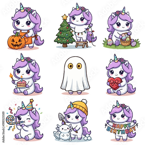 Set of 9 Cute Unicorn Holiday and Celebration Characters - Kawaii Unicorn Halloween Pumpkin, Christmas Tree, Easter Eggs, Birthday, Ghost, Valentine Heart, and New Year - Vector Illustration