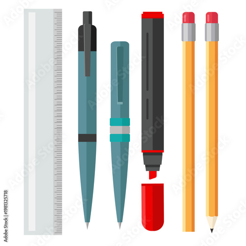 Flat Vector Set of Stationery Items Including Ruler, Pens, Marker, and Pencils Isolated