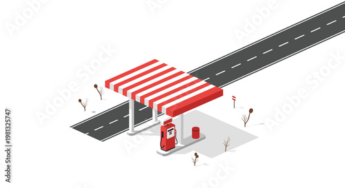 Striking red and white striped canopy covers a single fuel pump in this clean isometric illustration of a roadside service station along a long highway.