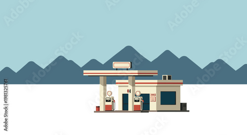 Solitary cream colored gas station with bright red fuel pumps stands quietly before a backdrop of dark blue jagged mountain peaks under clear skies.