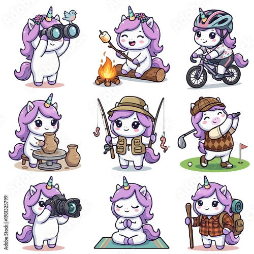 Set of 9 Cute Unicorn Hobby and Outdoor Characters - Kawaii Unicorn Birdwatching, Camping, Cycling, Pottery, Fishing, Golfing, Photographer, Yoga, and Hiking - Vector Illustration