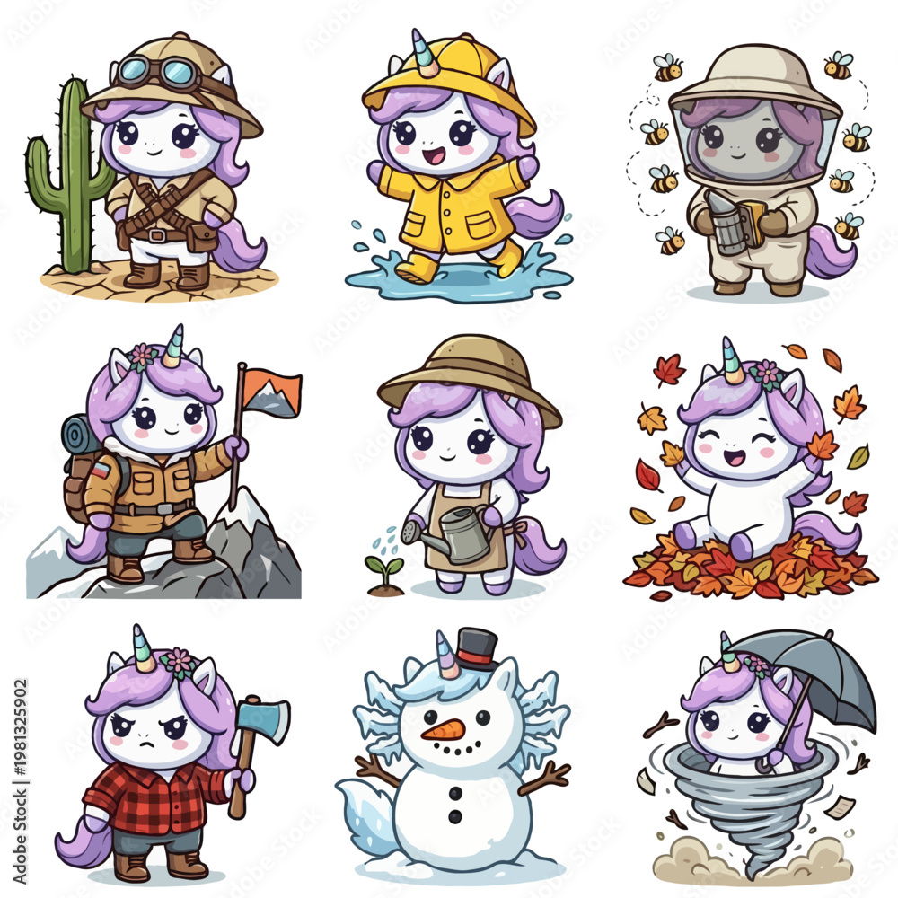 Fototapeta premium Set of 9 Cute Unicorn Characters - Kawaii Unicorn Explorer, Raincoat, Beekeeper, Hiker, Gardener, Autumn Leaves, Lumberjack, Snowman, and Tornado - Vector Illustration