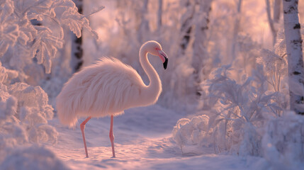 Two flamingos at the lake and beach in a zoo at sunset