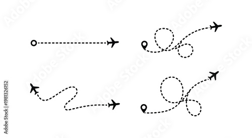 Airplane flight paths with dotted lines and location markers silhouette