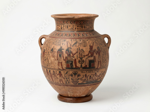 Ancient Egyptian clay pot displayed on a white background, showcasing intricate designs and historical significance.