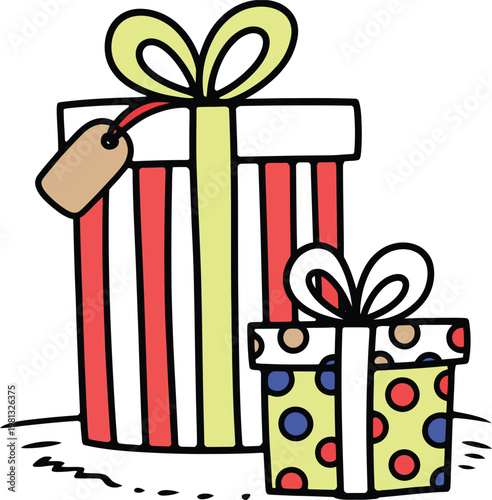 Two colorful gift boxes with ribbons and bows, a striped present and a polka dot present, festive holiday celebration illustration