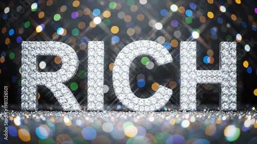 3D gold rich text on sparkling confetti background with bokeh lights for success celebration