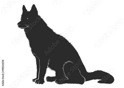 silhouette of a majestic wolf or german shepherd sitting in side profile view isolated on white background