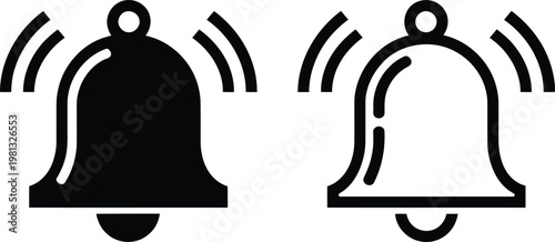 Set of ringing bell icons, notification symbols in solid and outline styles