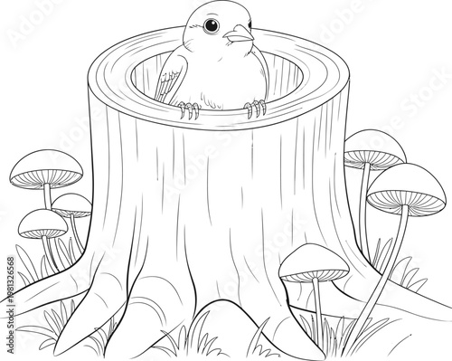 Cute little bird sitting inside a hollow tree stump surrounded by mushrooms, coloring page for kids