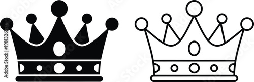 Set of two crown icons, solid black silhouette and outline style