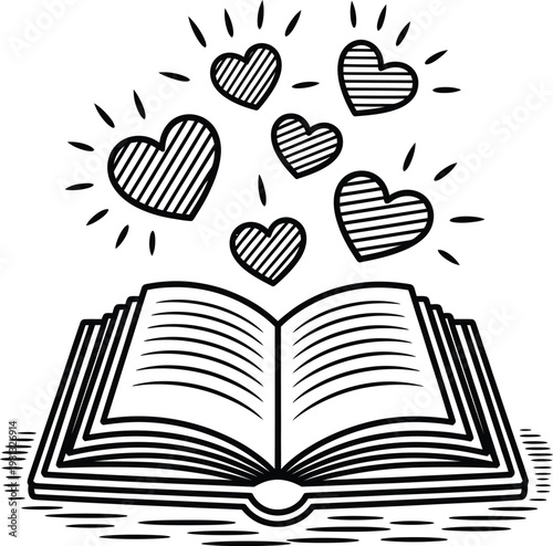 Open book with floating hearts, love story concept, romantic reading illustration
