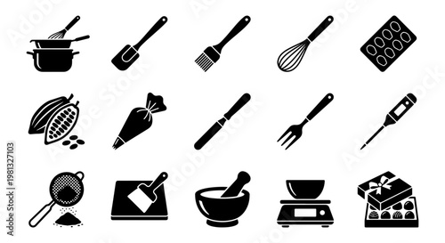 Chocolatier and Pastry Baking Icon Set, 15 Black Vector Icons for Chocolate Making, Professional Culinary Tools and Confectionery Equipment Symbols