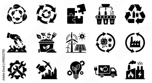 Circular economy icons set, 15 sustainable production and recycling vector elements, green energy and waste management symbols for industry