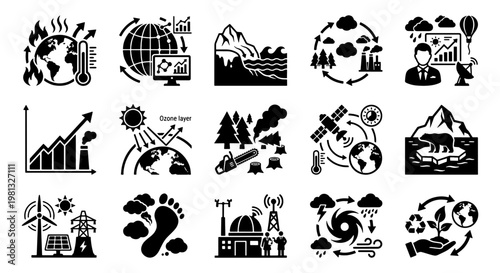 Climate change icons set, global warming and environmental crisis vector elements, 15 black glyph symbols for ecology and sustainability reports