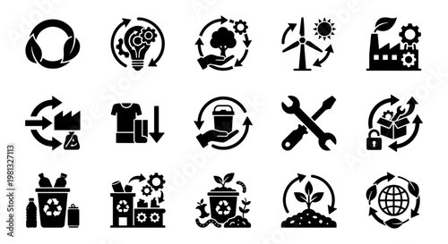 Circular economy icons set, 15 sustainable production and recycling vector symbols, black solid glyphs for green industry and waste management