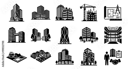 Modern building icons set, 15 black and white architecture vector elements, real estate development and construction industry graphics for business