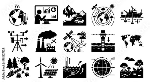 Global warming and climate change icons set, 15 black vector symbols for environmental science, ecology research and sustainability infographics