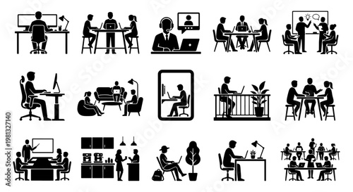 Business office workspace icons set, professional people working in coworking space, 15 black vector pictograms of corporate teamwork and remote work